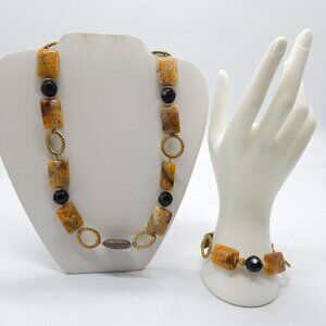 Jasper Brown Black Beaded Necklace And Bracelet Set With Twisted Gold-Tone Accen